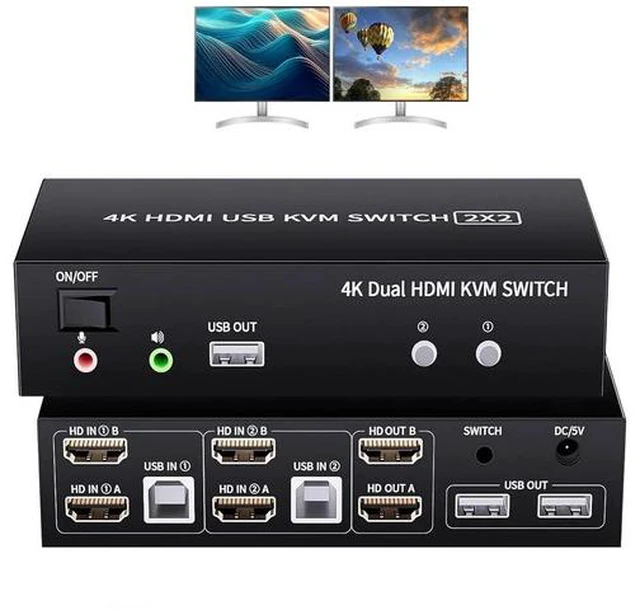 Main image of 2 Port Dual Monitor KVM Switch 4K@60Hz, 2x2 HDMI KVM Switcher for 2 Computers Share 2 Displays, with 5 USB 2.0 Ports, Wired Remote Control and USB Power Cable