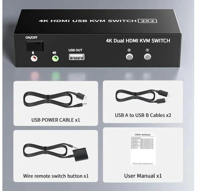 Alt view image 3 of 7 - 2 Port Dual Monitor KVM Switch 4K@60Hz, 2x2 HDMI KVM Switcher for 2 Computers Share 2 Displays, with 5 USB 2.0 Ports, Wired Remote Control and USB Power Cable