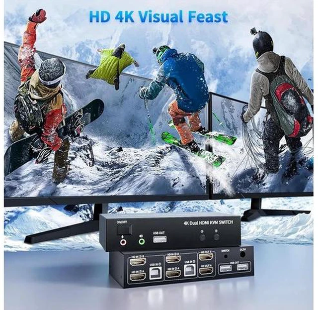 Alt view image 4 of 7 - 2 Port Dual Monitor KVM Switch 4K@60Hz, 2x2 HDMI KVM Switcher for 2 Computers Share 2 Displays, with 5 USB 2.0 Ports, Wired Remote Control and USB Power Cable