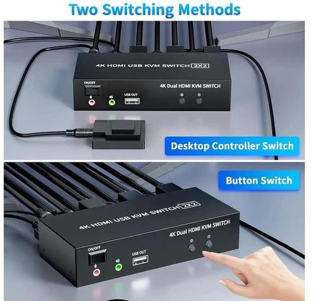 Alt view image 5 of 7 - 2 Port Dual Monitor KVM Switch 4K@60Hz, 2x2 HDMI KVM Switcher for 2 Computers Share 2 Displays, with 5 USB 2.0 Ports, Wired Remote Control and USB Power Cable