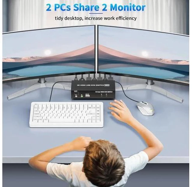Alt view image 7 of 7 - 2 Port Dual Monitor KVM Switch 4K@60Hz, 2x2 HDMI KVM Switcher for 2 Computers Share 2 Displays, with 5 USB 2.0 Ports, Wired Remote Control and USB Power Cable