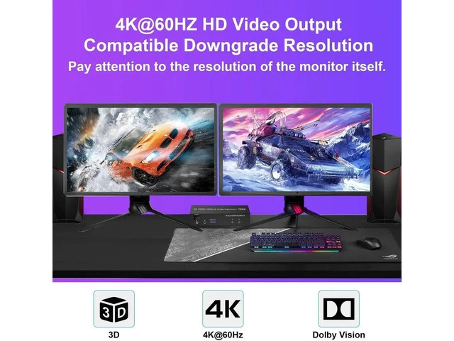 Alt view image 3 of 7 - 2 Port USB3.0 HDMI Dual Monitor KVM Switch 4K@60Hz, 2 Computers Extended Display KVM Switcher with Audio Microphone Output & 3 USB 3.0 Ports for PC Keyboard Mouse Sharing