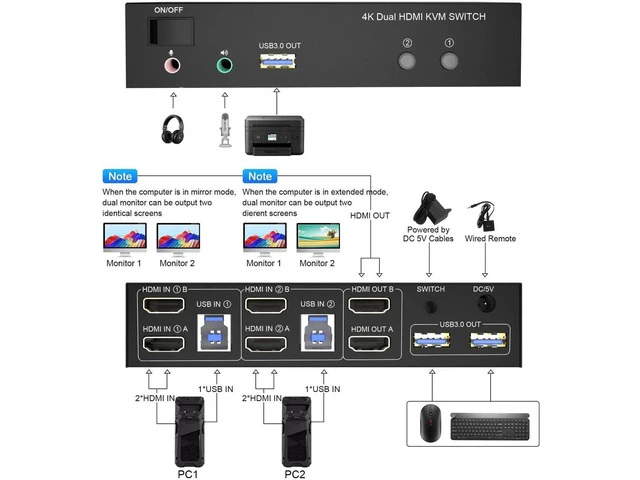 Alt view image 6 of 7 - 2 Port USB3.0 HDMI Dual Monitor KVM Switch 4K@60Hz, 2 Computers Extended Display KVM Switcher with Audio Microphone Output & 3 USB 3.0 Ports for PC Keyboard Mouse Sharing