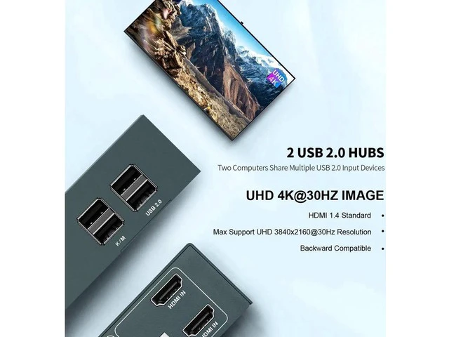 Alt view image 3 of 6 - 2 Port HDMI Dual Monitor KVM Switch, 4K@30Hz Extended Display KVM Switch with 2 USB 2.0 Hub, YUV 4:4:4 Hotkey Switch, All Cables Included Plug & Play No Adapter Needed