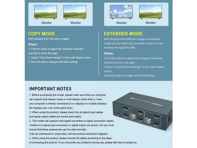 Alt view image 5 of 6 - 2 Port HDMI Dual Monitor KVM Switch, 4K@30Hz Extended Display KVM Switch with 2 USB 2.0 Hub, YUV 4:4:4 Hotkey Switch, All Cables Included Plug & Play No Adapter Needed