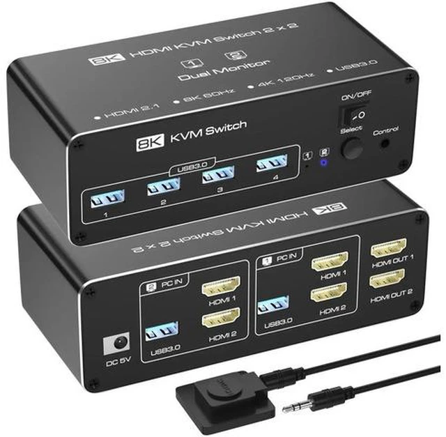 Main image of 8K@60Hz HDMI Dual Monitor KVM Switch 2 Computers 2 Screens, USB 3.0 KVM Switch Support Extended/Copy Mode, 2 PC Share Keyboard Mouse Peripherals with Desktop Controller & 2 USB Cables
