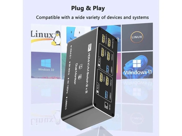 Alt view image 2 of 7 - 8K@60Hz HDMI Dual Monitor KVM Switch 2 Computers 2 Screens, USB 3.0 KVM Switch Support Extended/Copy Mode, 2 PC Share Keyboard Mouse Peripherals with Desktop Controller & 2 USB Cables