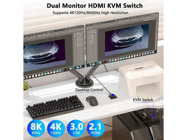Alt view image 4 of 7 - 8K@60Hz HDMI Dual Monitor KVM Switch 2 Computers 2 Screens, USB 3.0 KVM Switch Support Extended/Copy Mode, 2 PC Share Keyboard Mouse Peripherals with Desktop Controller & 2 USB Cables