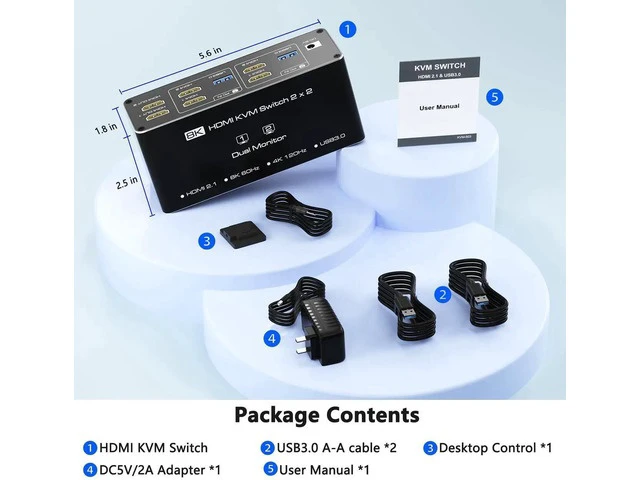 Alt view image 6 of 7 - 8K@60Hz HDMI Dual Monitor KVM Switch 2 Computers 2 Screens, USB 3.0 KVM Switch Support Extended/Copy Mode, 2 PC Share Keyboard Mouse Peripherals with Desktop Controller & 2 USB Cables