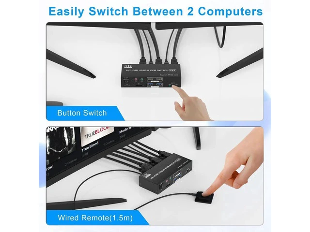 Alt view image 2 of 7 - 2 Port Dual Monitor 8K HDMI KVM Switch, 8K@60Hz 4K@120Hz KVM Switcher for 2 Computers Share 2 Monitors, 4 USB Devices, Audio Microphone SD TF Card Slot, DC 12V Powered with Wired Controller