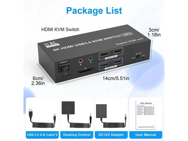 Alt view image 7 of 7 - 2 Port Dual Monitor 8K HDMI KVM Switch, 8K@60Hz 4K@120Hz KVM Switcher for 2 Computers Share 2 Monitors, 4 USB Devices, Audio Microphone SD TF Card Slot, DC 12V Powered with Wired Controller
