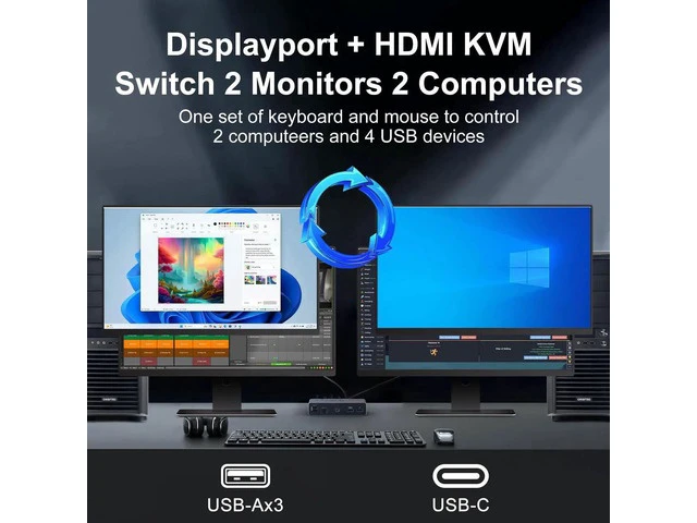 Alt view image 7 of 7 - 8K@60Hz Dual Monitor KVM Switch, Aluminum Alloy DisplayPort HDMI KVM Switcher, 2 Computers Share 2 Monitors with 4 USB 3.0 Ports, Includes USB Cables, Power Adapter & Switch Controller