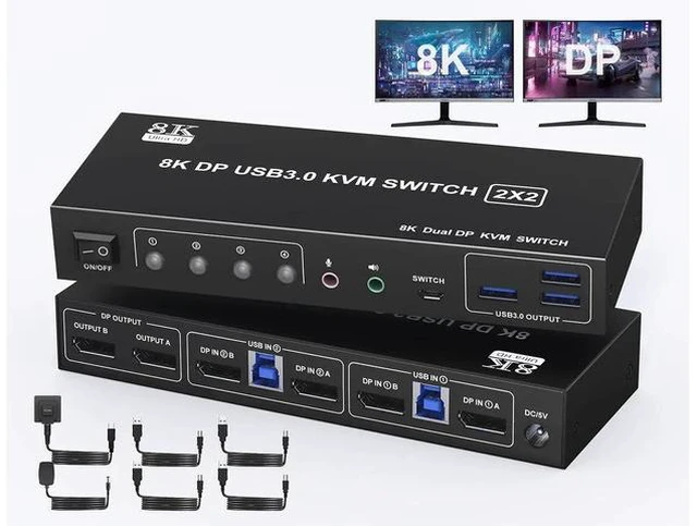 Main image of 2 Computers 2 Monitors DisplayPort KVM Switch, 8K@60Hz 4K@144Hz Dual Monitor KVM Switch with 3 USB 3.0 Ports & Audio Jack, Wired Remote Controller and 2 DisplayPort Cables Included