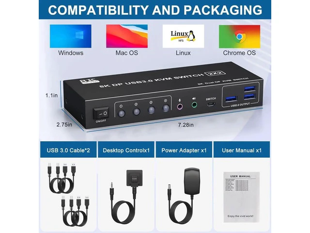 Alt view image 4 of 7 - 2 Computers 2 Monitors DisplayPort KVM Switch, 8K@60Hz 4K@144Hz Dual Monitor KVM Switch with 3 USB 3.0 Ports & Audio Jack, Wired Remote Controller and 2 DisplayPort Cables Included