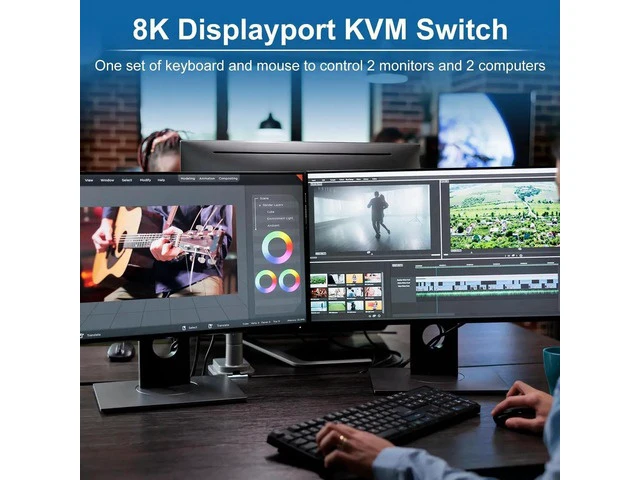 Alt view image 6 of 7 - 2 Computers 2 Monitors DisplayPort KVM Switch, 8K@60Hz 4K@144Hz Dual Monitor KVM Switch with 3 USB 3.0 Ports & Audio Jack, Wired Remote Controller and 2 DisplayPort Cables Included