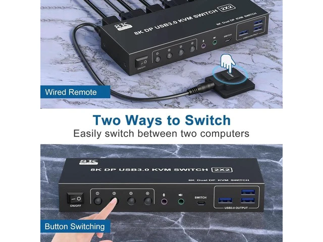 Alt view image 7 of 7 - 2 Computers 2 Monitors DisplayPort KVM Switch, 8K@60Hz 4K@144Hz Dual Monitor KVM Switch with 3 USB 3.0 Ports & Audio Jack, Wired Remote Controller and 2 DisplayPort Cables Included