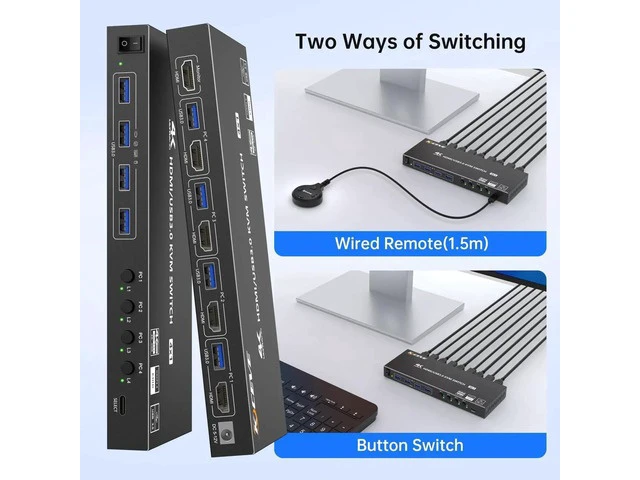 Alt view image 4 of 7 - 4 Port HDMI KVM Switch 4K@60Hz 2K@120Hz, EDID Simulation KVM Switcher for 4 Computers Share 1 Monitor Keyboard Mouse HDD Printer, with Wired Remote & Power Adapter
