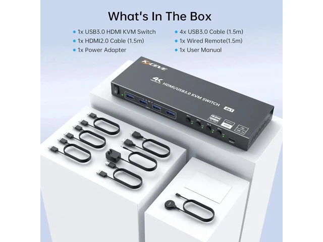 Alt view image 6 of 7 - 4 Port HDMI KVM Switch 4K@60Hz 2K@120Hz, EDID Simulation KVM Switcher for 4 Computers Share 1 Monitor Keyboard Mouse HDD Printer, with Wired Remote & Power Adapter