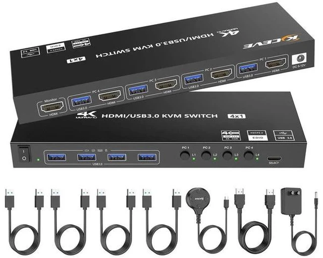 Main image of 4 Port HDMI KVM Switch 4K@60Hz 2K@120Hz, EDID Simulation KVM Switcher for 4 Computers Share 1 Monitor Keyboard Mouse HDD Printer, with Wired Remote & Power Adapter