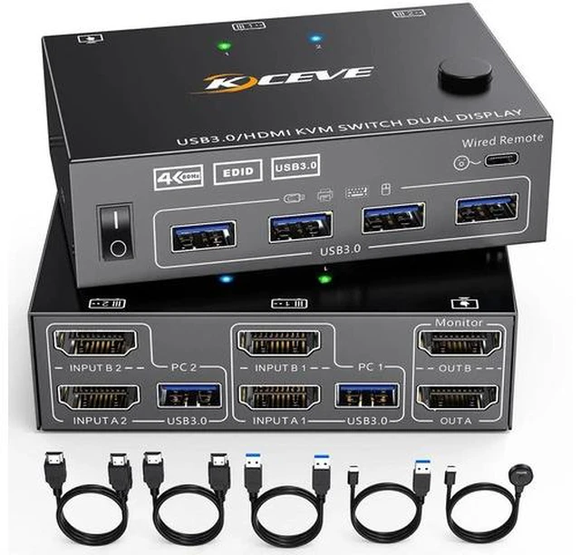 Main image of 2 Port Dual Monitor HDMI KVM Switch 4K@60Hz, EDID Simulation USB 3.0 KVM Switcher, 2 Computers Share 2 Screens & 4 USB Peripherals, with HDMI USB Cables and Switch Controller