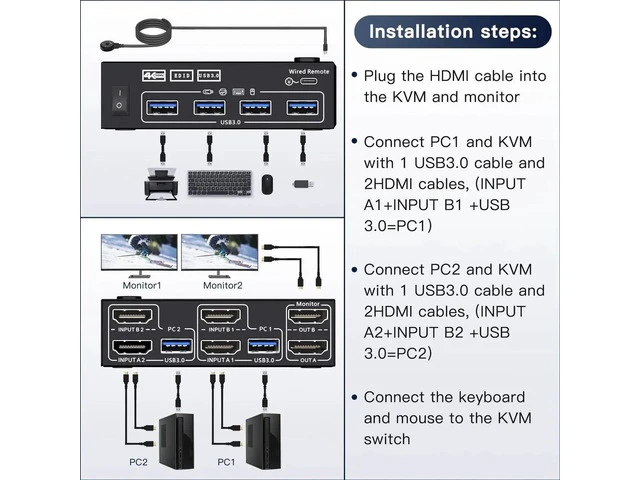 Alt view image 2 of 7 - 2 Port Dual Monitor HDMI KVM Switch 4K@60Hz, EDID Simulation USB 3.0 KVM Switcher, 2 Computers Share 2 Screens & 4 USB Peripherals, with HDMI USB Cables and Switch Controller