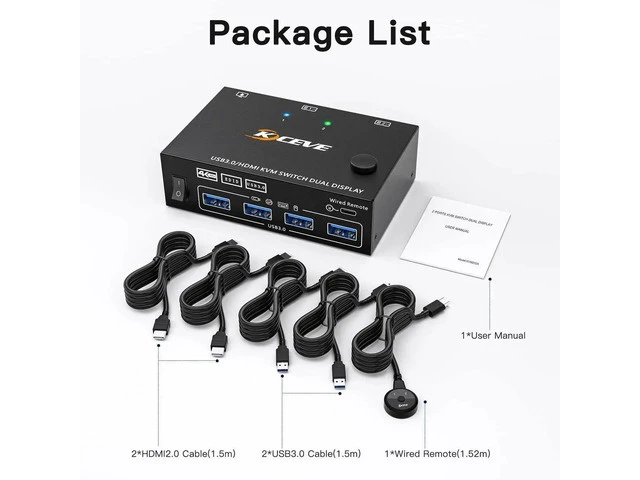 Alt view image 3 of 7 - 2 Port Dual Monitor HDMI KVM Switch 4K@60Hz, EDID Simulation USB 3.0 KVM Switcher, 2 Computers Share 2 Screens & 4 USB Peripherals, with HDMI USB Cables and Switch Controller