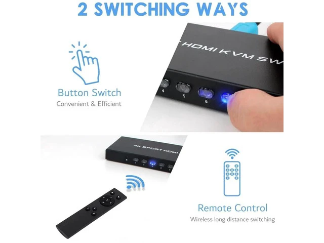 Alt view image 2 of 6 - 8 Port 4K HDMI KVM Switch, 4K@30Hz USB KVM Switcher, 8 Computers Share HD Monitor & 4 USB Peripherals, Comes with IR Remote Control and 8 Sets HDMI USB KVM Cables