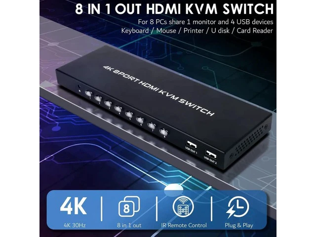 Alt view image 3 of 6 - 8 Port 4K HDMI KVM Switch, 4K@30Hz USB KVM Switcher, 8 Computers Share HD Monitor & 4 USB Peripherals, Comes with IR Remote Control and 8 Sets HDMI USB KVM Cables