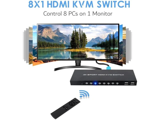 Alt view image 6 of 6 - 8 Port 4K HDMI KVM Switch, 4K@30Hz USB KVM Switcher, 8 Computers Share HD Monitor & 4 USB Peripherals, Comes with IR Remote Control and 8 Sets HDMI USB KVM Cables
