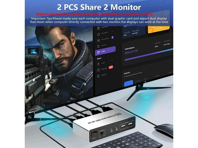 Alt view image 3 of 7 - 2 Port Dual Monitor DisplayPort KVM Switch, 2 in 2 Out 4K@60Hz DisplayPort KVM Switch with Audio Microphone Output and 3 USB Ports, 2 Computers Share Keyboard Mouse Dual Monitor