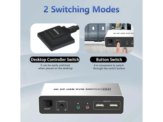 Alt view image 2 of 7 - 2 Port Dual Monitor DisplayPort KVM Switch, 2 in 2 Out 4K@60Hz DisplayPort KVM Switch with Audio Microphone Output and 3 USB Ports, 2 Computers Share Keyboard Mouse Dual Monitor