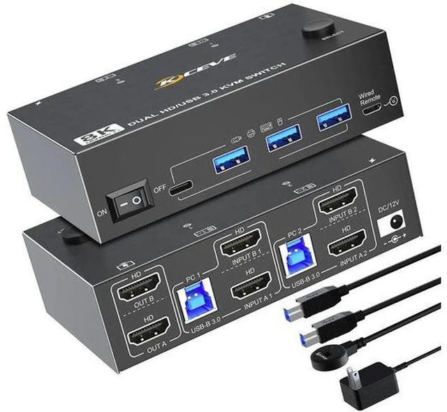 Main image of 2 Port Dual Monitor 8K HDMI KVM Switch 8K@60Hz 4K@120Hz, 2 Computers Dual Screen HDMI KVM Switcher with 4 USB3.0 Ports, Comes with Wired Remote & 12V Power Adapter