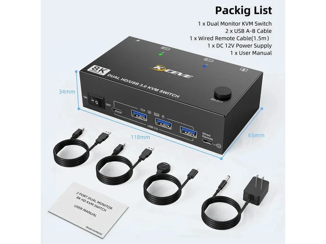 Alt view image 2 of 7 - 2 Port Dual Monitor 8K HDMI KVM Switch 8K@60Hz 4K@120Hz, 2 Computers Dual Screen HDMI KVM Switcher with 4 USB3.0 Ports, Comes with Wired Remote & 12V Power Adapter