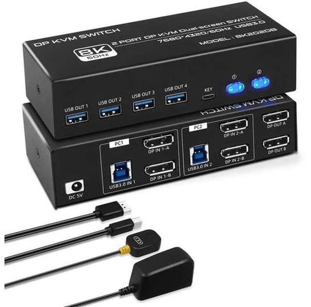 Main image of 8K DisplayPort KVM Switch 2 Computers 2 Monitors, Dual Monitor DP KVM Switch with 4 DisplayPort Ports & 2 USB Cables, Support 8K@60Hz 4K@120Hz DisplayPort 1.4 USB 3.0