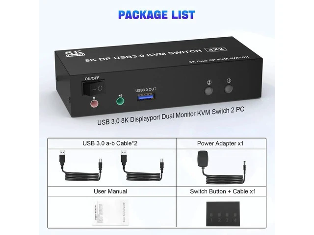 Alt view image 2 of 7 - 2 Port Dual Monitor DisplayPort 1.4 KVM Switch 8K@60Hz 4K@144Hz, USB3.0 DP KVM Switcher for 2 Computers 2 Monitors, with Audio Microphone Output & 3 USB 3.0 Ports