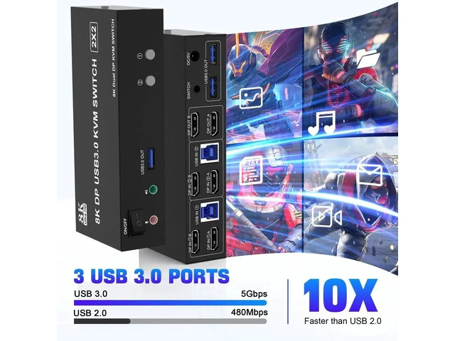 Alt view image 3 of 7 - 2 Port Dual Monitor DisplayPort 1.4 KVM Switch 8K@60Hz 4K@144Hz, USB3.0 DP KVM Switcher for 2 Computers 2 Monitors, with Audio Microphone Output & 3 USB 3.0 Ports
