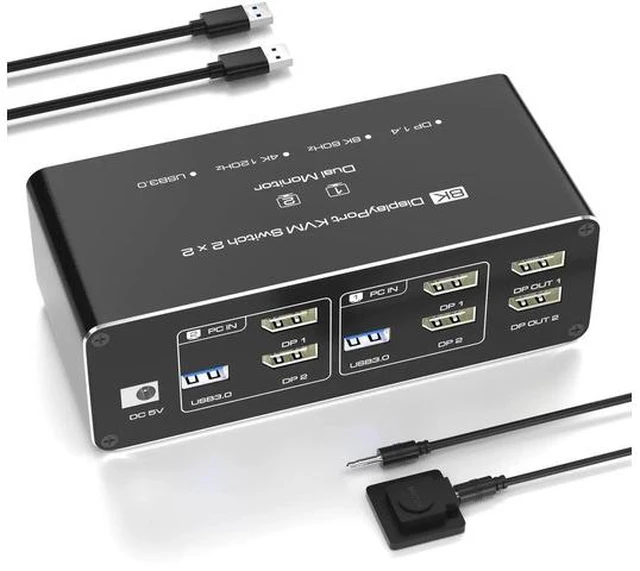 Main image of 2 Monitors 2 Computers DisplayPort KVM Switch, 8K@60Hz USB 3.0 Dual DisplayPort KVM Switcher, Support Extend Copy Mode, Wired Controller Included for 2 PC Share Dual Monitor & 4 USB Devices