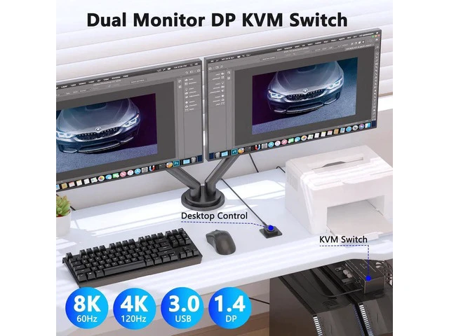 Alt view image 5 of 7 - 2 Monitors 2 Computers DisplayPort KVM Switch, 8K@60Hz USB 3.0 Dual DisplayPort KVM Switcher, Support Extend Copy Mode, Wired Controller Included for 2 PC Share Dual Monitor & 4 USB Devices
