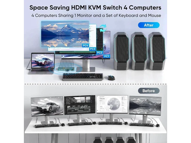 Alt view image 2 of 7 - 4 Port USB 3.0 HDMI KVM Switch 4K@60Hz, 4 Computers Share 1 Monitor KVM Switcher with 3 USB 3.0 Ports, One Button Switching, Plug and Play for Keyboard Mouse Peripherals Sharing