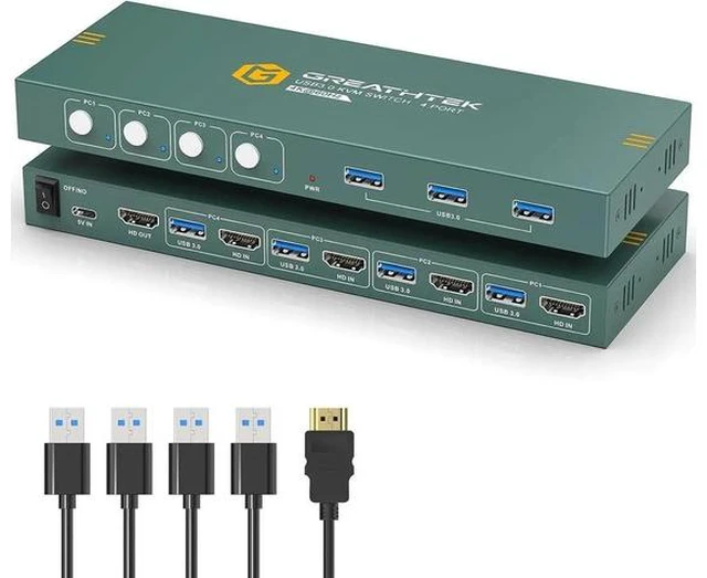 Main image of 4 Port USB 3.0 HDMI KVM Switch 4K@60Hz, 4 Computers Share 1 Monitor KVM Switcher with 3 USB 3.0 Ports, One Button Switching, Plug and Play for Keyboard Mouse Peripherals Sharing
