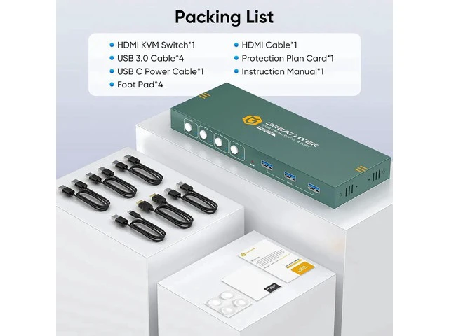 Alt view image 3 of 7 - 4 Port USB 3.0 HDMI KVM Switch 4K@60Hz, 4 Computers Share 1 Monitor KVM Switcher with 3 USB 3.0 Ports, One Button Switching, Plug and Play for Keyboard Mouse Peripherals Sharing