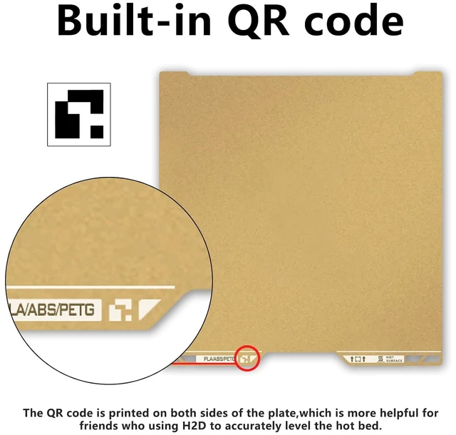 Alt view image 2 of 7 - Same as OEM for Bambu H2D/H2S Textured PEI Plate with QR Code, 355x346mm Double Sided Flexible Spring Steel Magnetic Platform Print Bed PEI Sheet for Bambu Lab H2D/H2S 3D Printer(Gold)