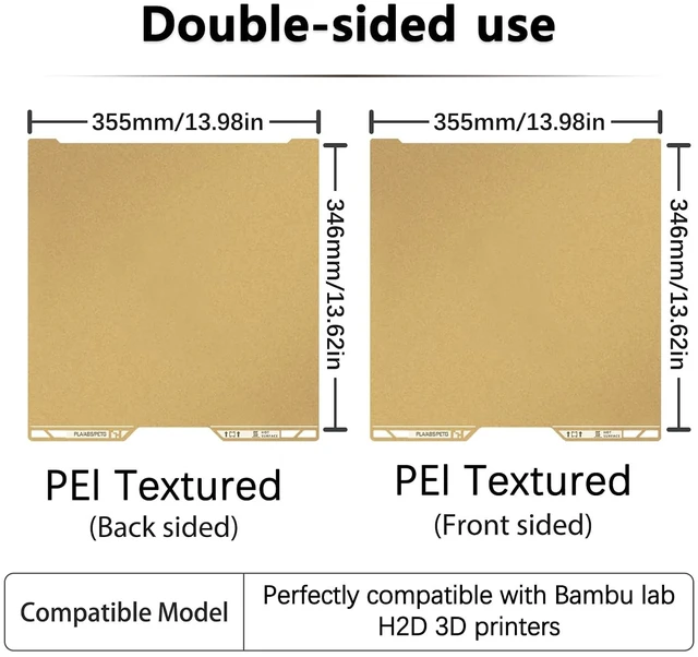 Alt view image 4 of 7 - Same as OEM for Bambu H2D/H2S Textured PEI Plate with QR Code, 355x346mm Double Sided Flexible Spring Steel Magnetic Platform Print Bed PEI Sheet for Bambu Lab H2D/H2S 3D Printer(Gold)