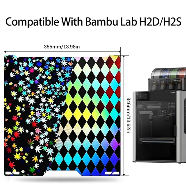 Alt view image 6 of 7 - 355x346mm H2D Build Plate for Bambu Lab H2D/H2S,Double-Sided Maple Leaf & Lattice Pattern Smooth Holographic Spring Steel Sheet,Flexible Easy Release Print Bed Platform Bambu H2D Accessories