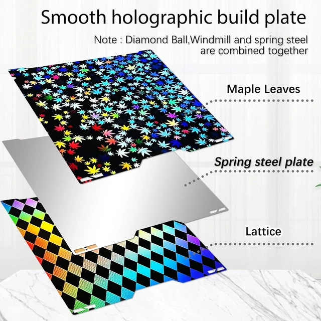 Alt view image 7 of 7 - 355x346mm H2D Build Plate for Bambu Lab H2D/H2S,Double-Sided Maple Leaf & Lattice Pattern Smooth Holographic Spring Steel Sheet,Flexible Easy Release Print Bed Platform Bambu H2D Accessories