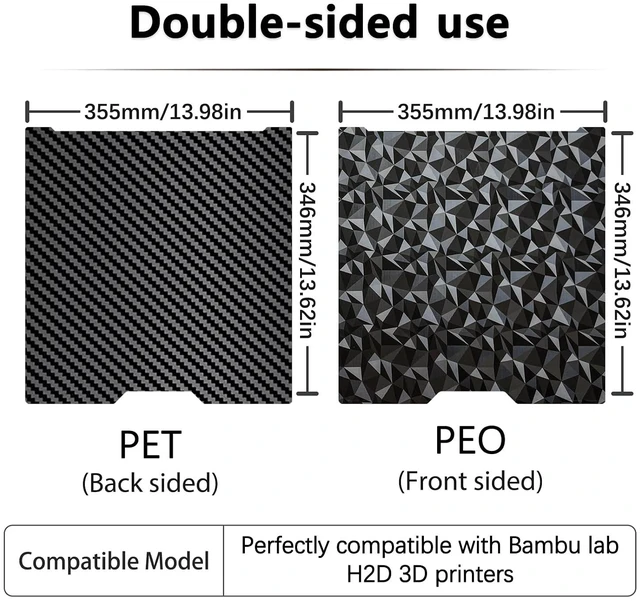 Alt view image 3 of 7 - 355x346mm H2D Build Plate for Bambu Lab H2D/H2S,Double Sided PEO PET Flexible Removable Spring Steel Heated Printing Bed Platform,Removable Heated Bed for H2D Combo/H2S(Carbon Fiber+Diamond)