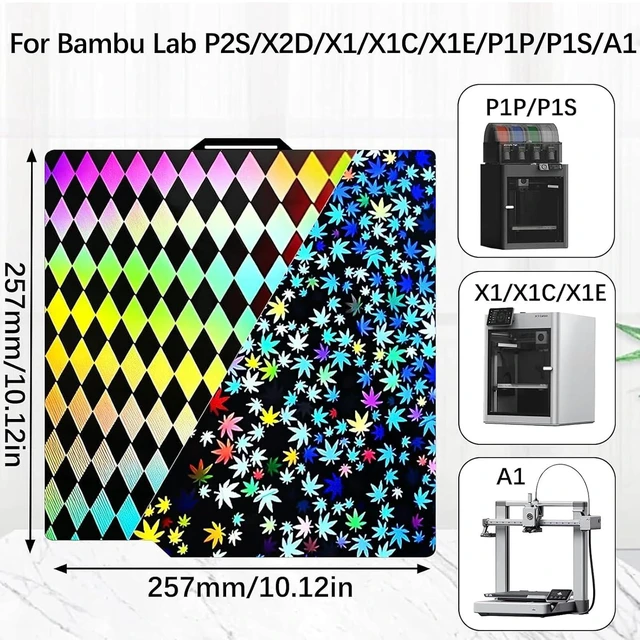 Alt view image 2 of 7 - Upgraded P2S Build Plate for Bambu Lab X2D/P2S/X1/X1C/X1E/P1P/P1S/A1, 257X257mm Double Sided Textured Grid & Maple Leaf Spring Steel Sheet Flexible Plate Heated Bed Platform