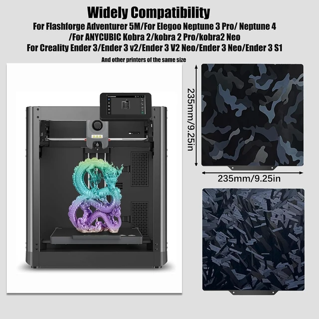 Alt view image 3 of 6 - AD5M/AD5X Build Plate for Flashforge AD5X/5M/5M pro/Ender 3/3 Pro/Ender 3 S1/Ender 3 V2 Neo/Ender 3 Neo 3D Printer,High-Rise+Camouflage Spring Steel Sheet 235 x 235 mm 3D Printer Platform
