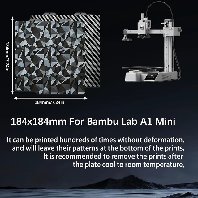 Alt view image 3 of 7 - PEO PET Build Plate for Bambu Lab A1 Mini 3D Printer, Diamond Carbon Fiber PET, Flexible Spring Steel Sheet, Double Sided Printing, 184 x 184 mm