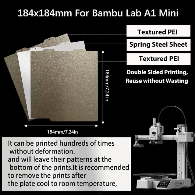 Alt view image 5 of 6 - 3D Printer Platform Double Sided Textured PEI Spring Steel Build Plate for Bambu Lab A1 Mini 3D Printer,184x184mm Flexible PEI Print Bed PEI Sheet
